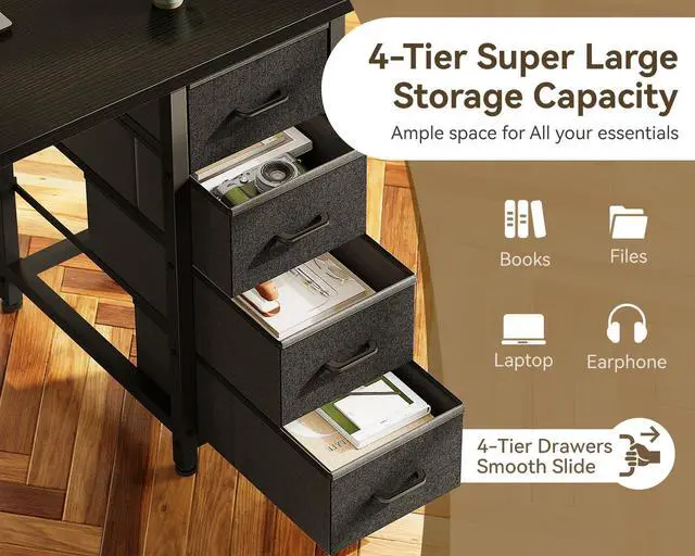 Alt view image 4 of 6 - 40 Inch Small Computer Desk with 4 Fabric Drawers, Modern Writing PC Desk for Small Spaces, Study & Home Office Desk with Storage Shelves, Black