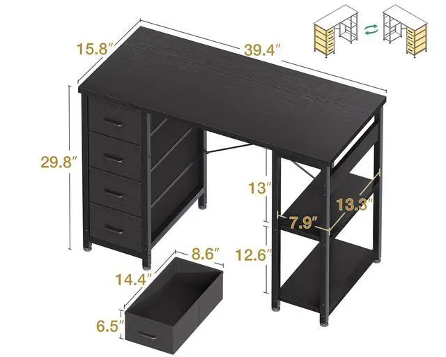 Alt view image 3 of 6 - 40 Inch Small Computer Desk with 4 Fabric Drawers, Modern Writing PC Desk for Small Spaces, Study & Home Office Desk with Storage Shelves, Black