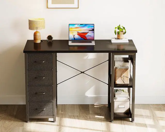 Alt view image 6 of 6 - 40 Inch Small Computer Desk with 4 Fabric Drawers, Modern Writing PC Desk for Small Spaces, Study & Home Office Desk with Storage Shelves, Black