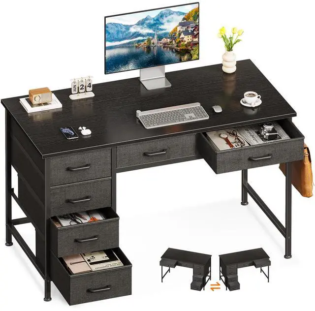 Main image of Computer Desk with 6 Drawers, 40 Inch Small Desk with Storage, Reversible Desk with Headphone Hook for Home Office, Work Study Table for Bedroom, Black