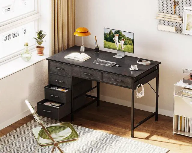 Alt view image 2 of 7 - Computer Desk with 6 Drawers, 40 Inch Small Desk with Storage, Reversible Desk with Headphone Hook for Home Office, Work Study Table for Bedroom, Black
