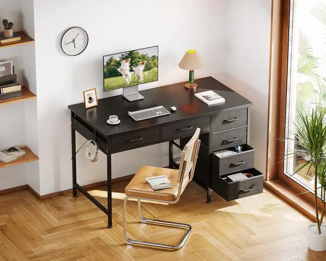 Alt view image 6 of 7 - Computer Desk with 6 Drawers, 40 Inch Small Desk with Storage, Reversible Desk with Headphone Hook for Home Office, Work Study Table for Bedroom, Black