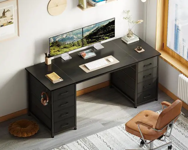 Alt view image 2 of 6 - 55 Inch Computer Desk with 8 Fabric Drawers, Modern Office Desk with Large Storage for Home Office, Study, Gaming, Black