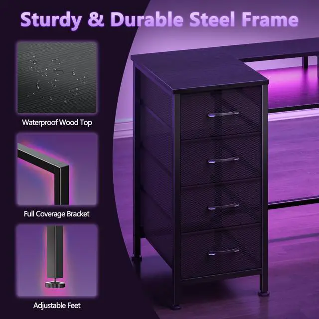 Alt view image 5 of 7 - 47 Inch Gaming Desk with Power Outlets and LED Lights, Reversible Computer Desk with 5 Fabric Storage Drawers, Home Office Desk with Monitor Stand for Working Writing Study, Black