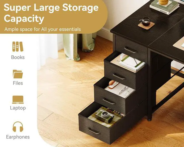 Alt view image 4 of 6 - 55 Inch Computer Desk with 8 Fabric Drawers, Modern Office Desk with Large Storage for Home Office, Study, Gaming, Black