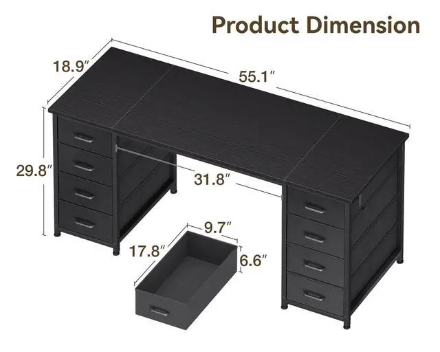 Alt view image 5 of 6 - 55 Inch Computer Desk with 8 Fabric Drawers, Modern Office Desk with Large Storage for Home Office, Study, Gaming, Black