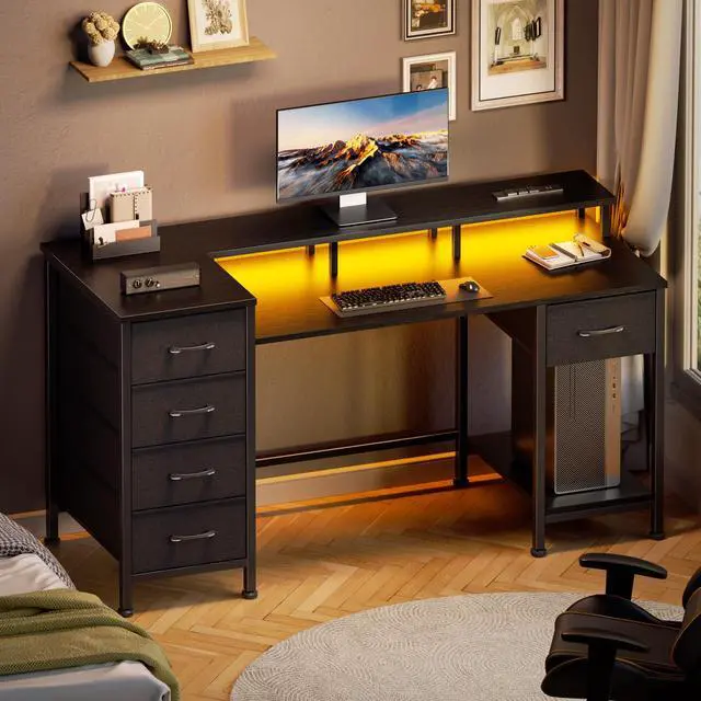 Alt view image 7 of 7 - 47 Inch Gaming Desk with Power Outlets and LED Lights, Reversible Computer Desk with 5 Fabric Storage Drawers, Home Office Desk with Monitor Stand for Working Writing Study, Black