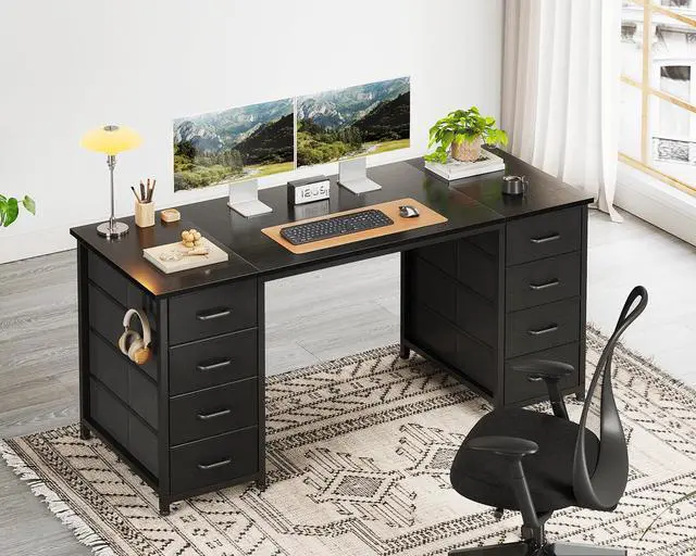 Alt view image 6 of 6 - 55 Inch Computer Desk with 8 Fabric Drawers, Modern Office Desk with Large Storage for Home Office, Study, Gaming, Black
