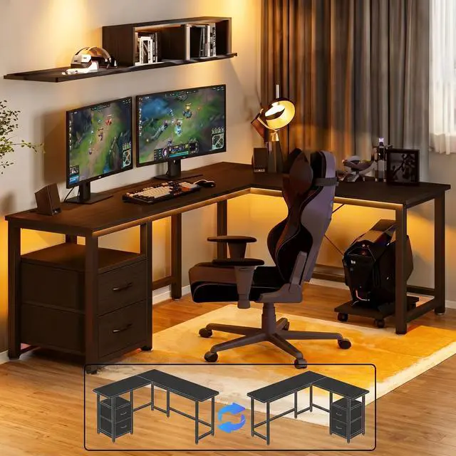 Main image of 66 Inch Gaming Desk with USB Charging Ports, Reversible L Shaped Computer Desk with Storage Shelves & Monitor Stand, Corner Gamer Desk Table with 2 Drawer, Black