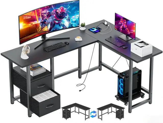 Alt view image 2 of 7 - 66 Inch Gaming Desk with USB Charging Ports, Reversible L Shaped Computer Desk with Storage Shelves & Monitor Stand, Corner Gamer Desk Table with 2 Drawer, Black