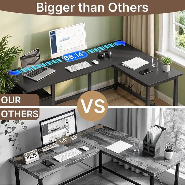 Alt view image 7 of 7 - 66 Inch Gaming Desk with USB Charging Ports, Reversible L Shaped Computer Desk with Storage Shelves & Monitor Stand, Corner Gamer Desk Table with 2 Drawer, Black