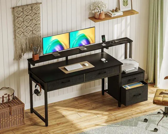 Alt view image 2 of 7 - Computer Desk with 4 Drawers, 55 Inch Office Desk with Printer Shelf & Built-in Power Outlet, Work Desk with Monitor Shelf for Home Small Spaces, Black