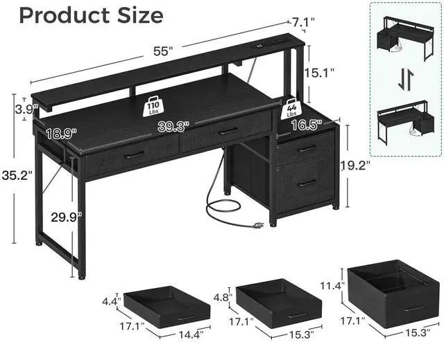 Alt view image 3 of 7 - Computer Desk with 4 Drawers, 55 Inch Office Desk with Printer Shelf & Built-in Power Outlet, Work Desk with Monitor Shelf for Home Small Spaces, Black