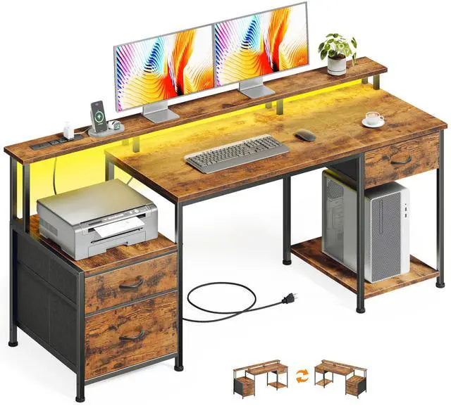 Main image of 55" Computer Desk with LED Lights & Power Outlets, Reversible Home Office Desk with File Fabric Drawers, Printer Space, Monitor Stand for Working Gaming Study, Rustic Brown