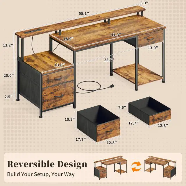 Alt view image 2 of 7 - 55" Computer Desk with LED Lights & Power Outlets, Reversible Home Office Desk with File Fabric Drawers, Printer Space, Monitor Stand for Working Gaming Study, Rustic Brown