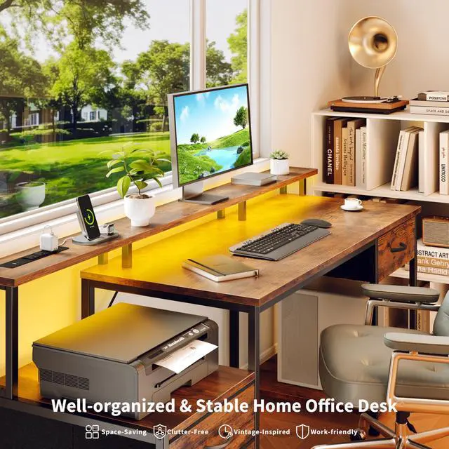Alt view image 5 of 7 - 55" Computer Desk with LED Lights & Power Outlets, Reversible Home Office Desk with File Fabric Drawers, Printer Space, Monitor Stand for Working Gaming Study, Rustic Brown