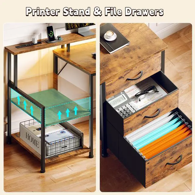 Alt view image 6 of 7 - 55" Computer Desk with LED Lights & Power Outlets, Reversible Home Office Desk with File Fabric Drawers, Printer Space, Monitor Stand for Working Gaming Study, Rustic Brown