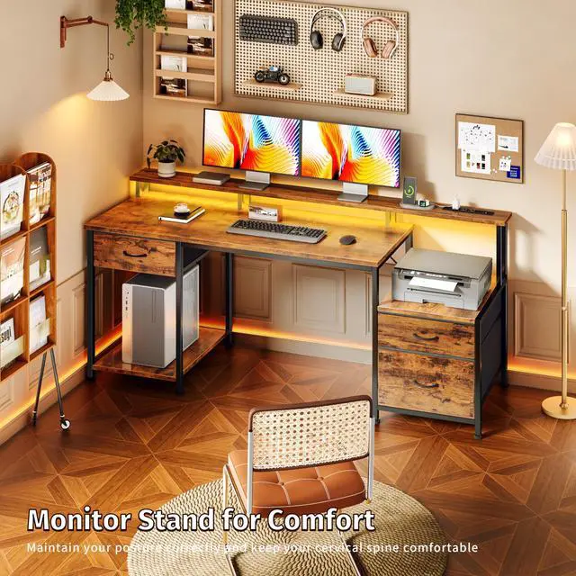 Alt view image 7 of 7 - 55" Computer Desk with LED Lights & Power Outlets, Reversible Home Office Desk with File Fabric Drawers, Printer Space, Monitor Stand for Working Gaming Study, Rustic Brown