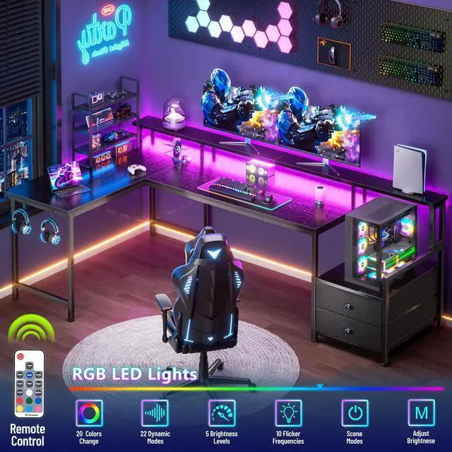 Alt view image 2 of 7 - 66'' L Shaped Gaming Desk with Drawers and Storage Shelves, Reversible Corner Desk with Power Outlets and Host Stand, Large Computer Desk with Led Lights for Gaming, Work, Home Office, Black