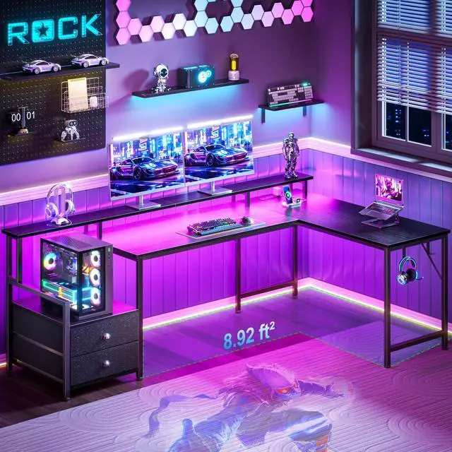 Alt view image 7 of 7 - 66'' L Shaped Gaming Desk with Drawers and Storage Shelves, Reversible Corner Desk with Power Outlets and Host Stand, Large Computer Desk with Led Lights for Gaming, Work, Home Office, Black