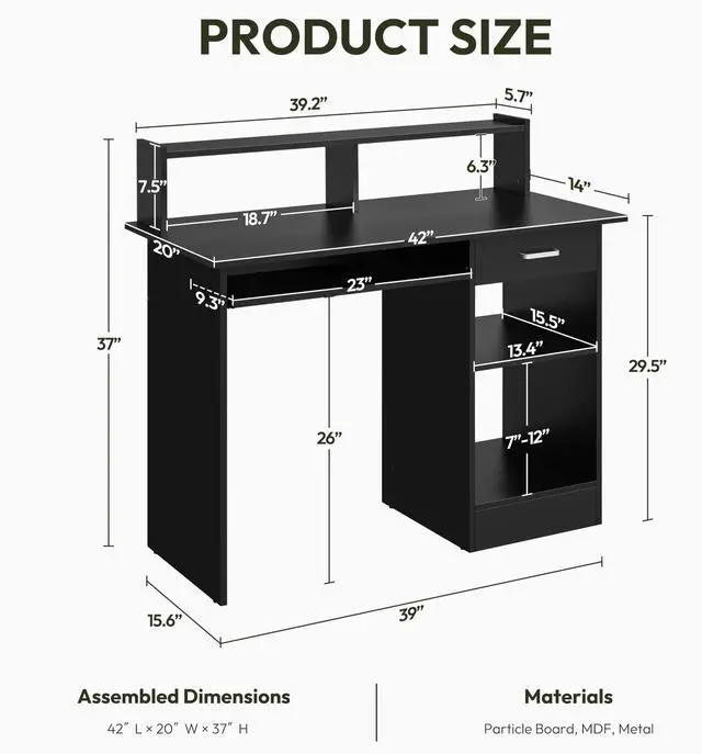 Alt view image 3 of 7 - Computer Desk with Keyboard Tray, Drawers, and Shelves, Black