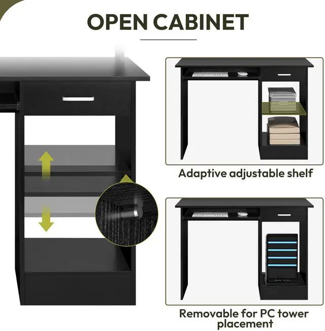 Alt view image 5 of 7 - Computer Desk with Keyboard Tray, Drawers, and Shelves, Black