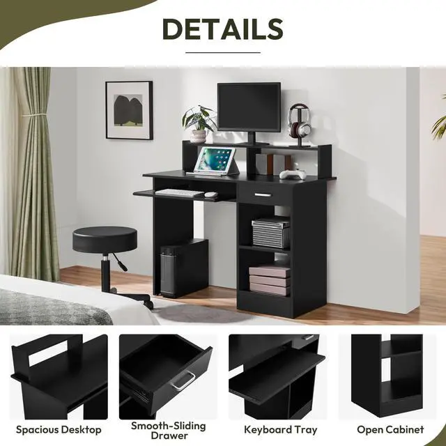 Alt view image 6 of 7 - Computer Desk with Keyboard Tray, Drawers, and Shelves, Black