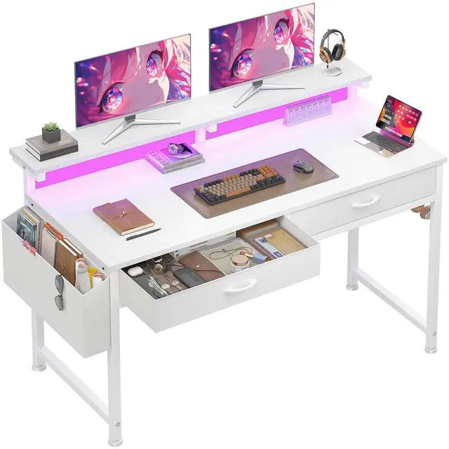 Main image of 47.3 Inch Computer Desk with 2 Drawers & LED Lights, Home Office Desk with Side Pocket, Gaming Desk with Monitor Stand, Study Writing Table for Small Spaces, White