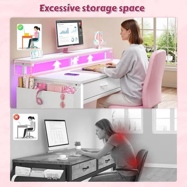 Alt view image 4 of 7 - 47.3 Inch Computer Desk with 2 Drawers & LED Lights, Home Office Desk with Side Pocket, Gaming Desk with Monitor Stand, Study Writing Table for Small Spaces, White