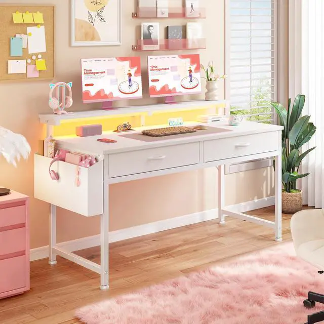 Alt view image 6 of 7 - 47.3 Inch Computer Desk with 2 Drawers & LED Lights, Home Office Desk with Side Pocket, Gaming Desk with Monitor Stand, Study Writing Table for Small Spaces, White