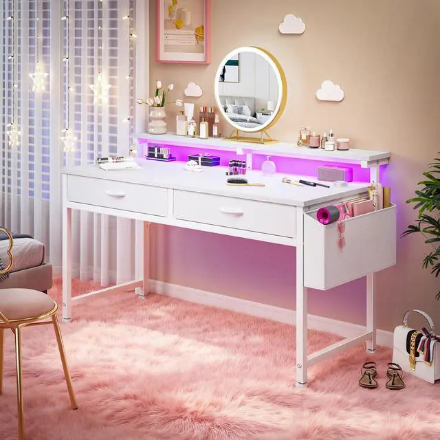 Alt view image 7 of 7 - 47.3 Inch Computer Desk with 2 Drawers & LED Lights, Home Office Desk with Side Pocket, Gaming Desk with Monitor Stand, Study Writing Table for Small Spaces, White