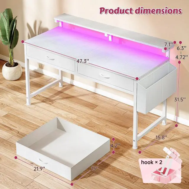 Alt view image 3 of 7 - 47.3 Inch Computer Desk with 2 Drawers & LED Lights, Home Office Desk with Side Pocket, Gaming Desk with Monitor Stand, Study Writing Table for Small Spaces, White