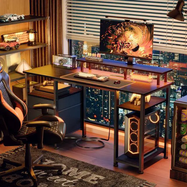 Alt view image 2 of 7 - 51" Gaming Desk with Power Outlets & LED Lights, Reversible Computer Desk with File Cabinet & Monitor Stand for Home Office, Large Work Table with Storage Shelves & Drawer, Black