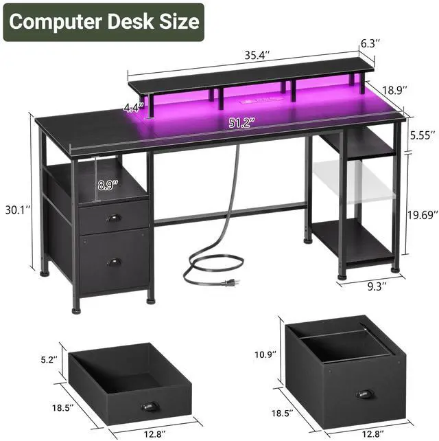 Alt view image 3 of 7 - 51" Gaming Desk with Power Outlets & LED Lights, Reversible Computer Desk with File Cabinet & Monitor Stand for Home Office, Large Work Table with Storage Shelves & Drawer, Black