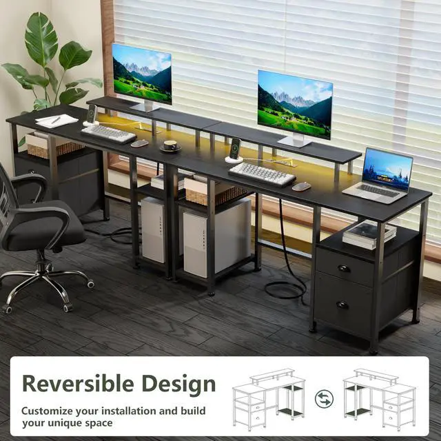 Alt view image 7 of 7 - 51" Gaming Desk with Power Outlets & LED Lights, Reversible Computer Desk with File Cabinet & Monitor Stand for Home Office, Large Work Table with Storage Shelves & Drawer, Black