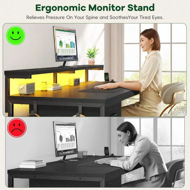 Alt view image 4 of 7 - 47.2" Gaming Desk with Power Outlet and LED Lights,Computer Desk with Adjustable Monitor Stand and Drawer,Office Desk with CPU Stand for Home Work,Study and Gaming, Small Spaces,Black