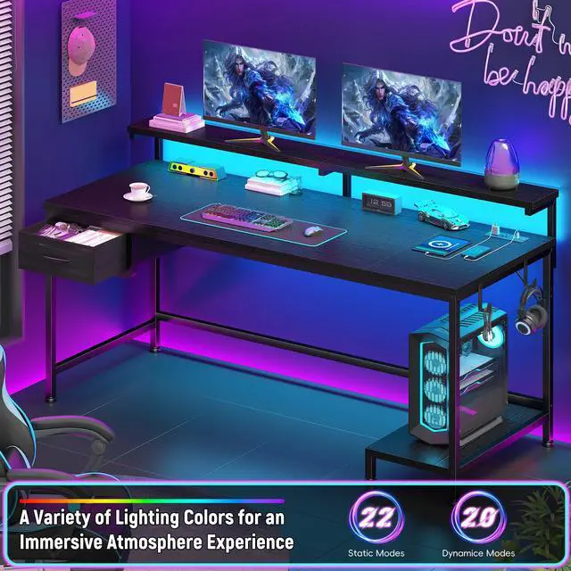 Alt view image 2 of 7 - 47.2" Gaming Desk with Power Outlet and LED Lights,Computer Desk with Adjustable Monitor Stand and Drawer,Office Desk with CPU Stand for Home Work,Study and Gaming, Small Spaces,Black