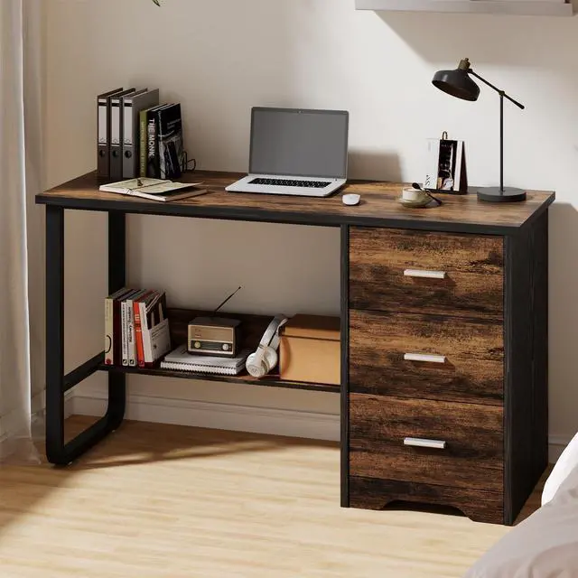 Main image of Small Computer Desk with Drawers, 47 Inch Home Office Desk with 3 Drawers & Bottom Shelves, Study Desk with Storage for Bedroom, Writing and Work, Black and Brown