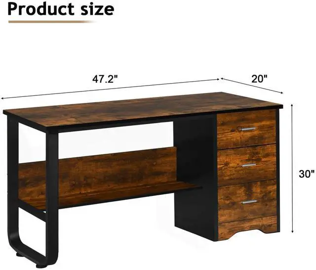 Alt view image 2 of 7 - Small Computer Desk with Drawers, 47 Inch Home Office Desk with 3 Drawers & Bottom Shelves, Study Desk with Storage for Bedroom, Writing and Work, Black and Brown