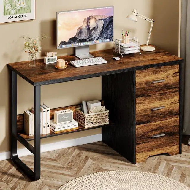 Alt view image 3 of 7 - Small Computer Desk with Drawers, 47 Inch Home Office Desk with 3 Drawers & Bottom Shelves, Study Desk with Storage for Bedroom, Writing and Work, Black and Brown
