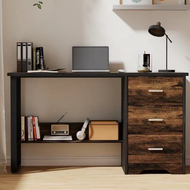 Alt view image 4 of 7 - Small Computer Desk with Drawers, 47 Inch Home Office Desk with 3 Drawers & Bottom Shelves, Study Desk with Storage for Bedroom, Writing and Work, Black and Brown