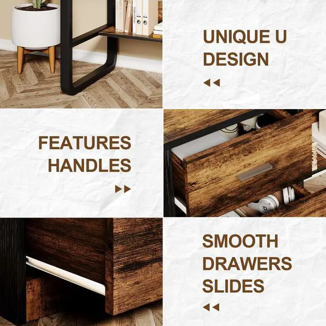 Alt view image 6 of 7 - Small Computer Desk with Drawers, 47 Inch Home Office Desk with 3 Drawers & Bottom Shelves, Study Desk with Storage for Bedroom, Writing and Work, Black and Brown