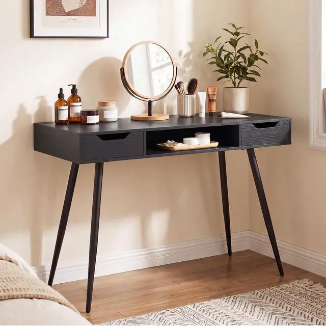 Alt view image 3 of 7 - Mid Century Modern Computer Desk, Writing Desk with 2 Drawers & Open Center Storage, Small Wooden Study Table for Home Office & Compact Spaces (Black)