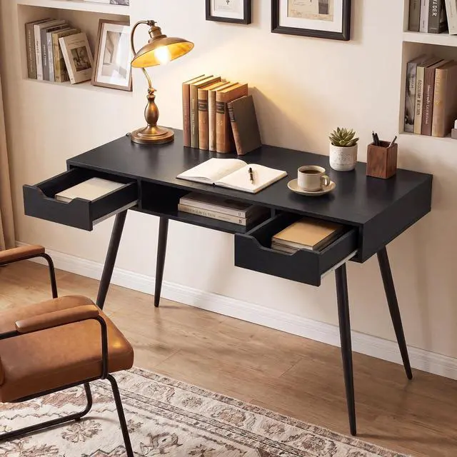Alt view image 4 of 7 - Mid Century Modern Computer Desk, Writing Desk with 2 Drawers & Open Center Storage, Small Wooden Study Table for Home Office & Compact Spaces (Black)