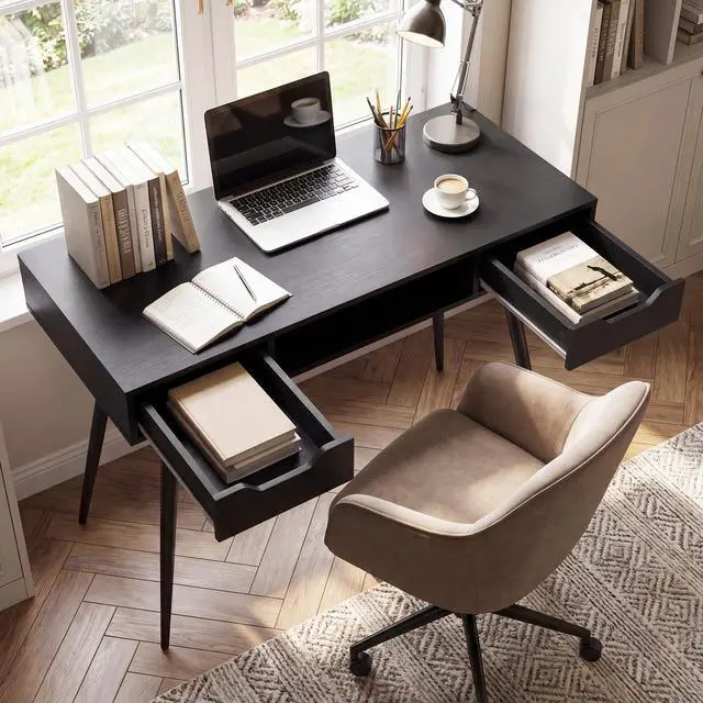 Alt view image 2 of 7 - Mid Century Modern Computer Desk, Writing Desk with 2 Drawers & Open Center Storage, Small Wooden Study Table for Home Office & Compact Spaces (Black)