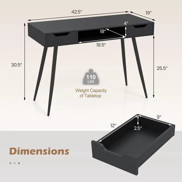 Alt view image 5 of 7 - Mid Century Modern Computer Desk, Writing Desk with 2 Drawers & Open Center Storage, Small Wooden Study Table for Home Office & Compact Spaces (Black)