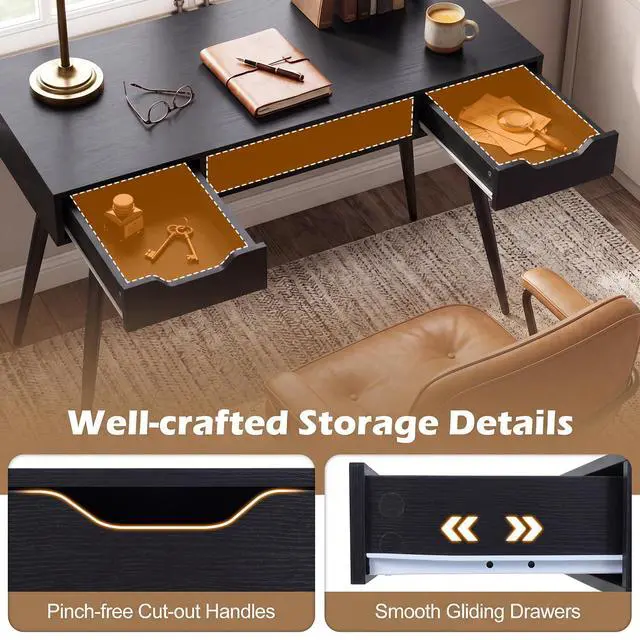 Alt view image 6 of 7 - Mid Century Modern Computer Desk, Writing Desk with 2 Drawers & Open Center Storage, Small Wooden Study Table for Home Office & Compact Spaces (Black)
