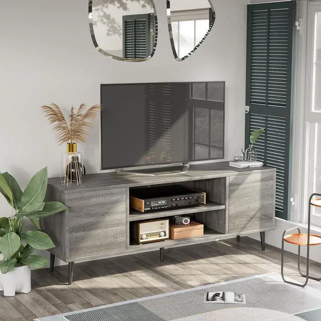 Main image of TV Stand for 65 Inch TV, Mid Century Modern TV Stand, Entertainment Center with Storage Cabinet and Open Shelves, TV Console Table Media Cabinet for Living Room, and Bedroom (Gray)