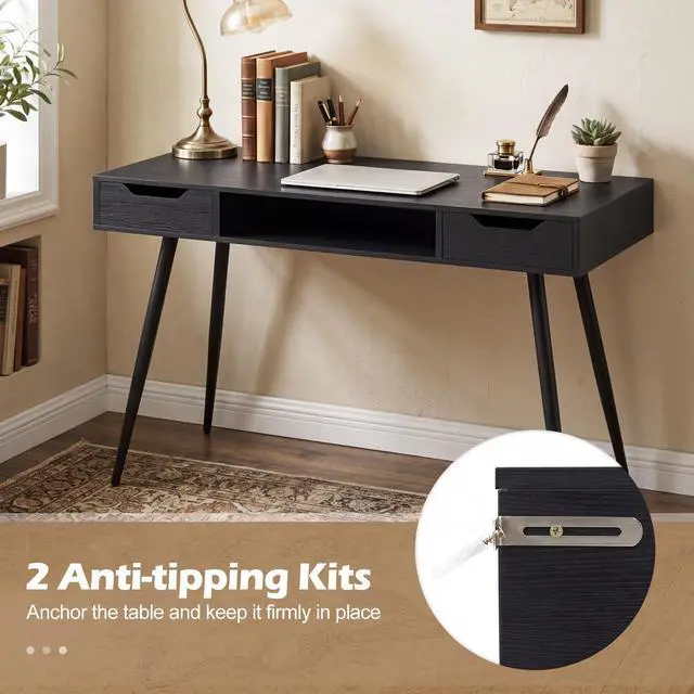 Alt view image 7 of 7 - Mid Century Modern Computer Desk, Writing Desk with 2 Drawers & Open Center Storage, Small Wooden Study Table for Home Office & Compact Spaces (Black)