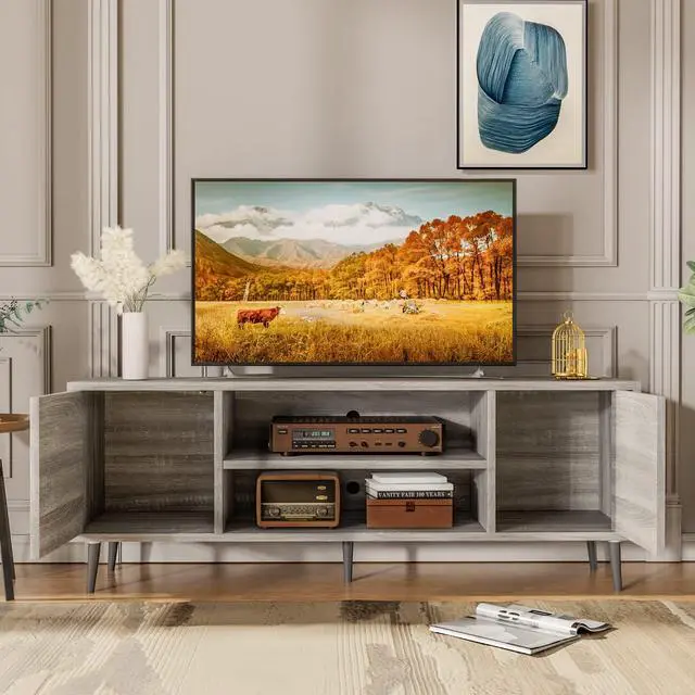 Alt view image 2 of 7 - TV Stand for 65 Inch TV, Mid Century Modern TV Stand, Entertainment Center with Storage Cabinet and Open Shelves, TV Console Table Media Cabinet for Living Room, and Bedroom (Gray)